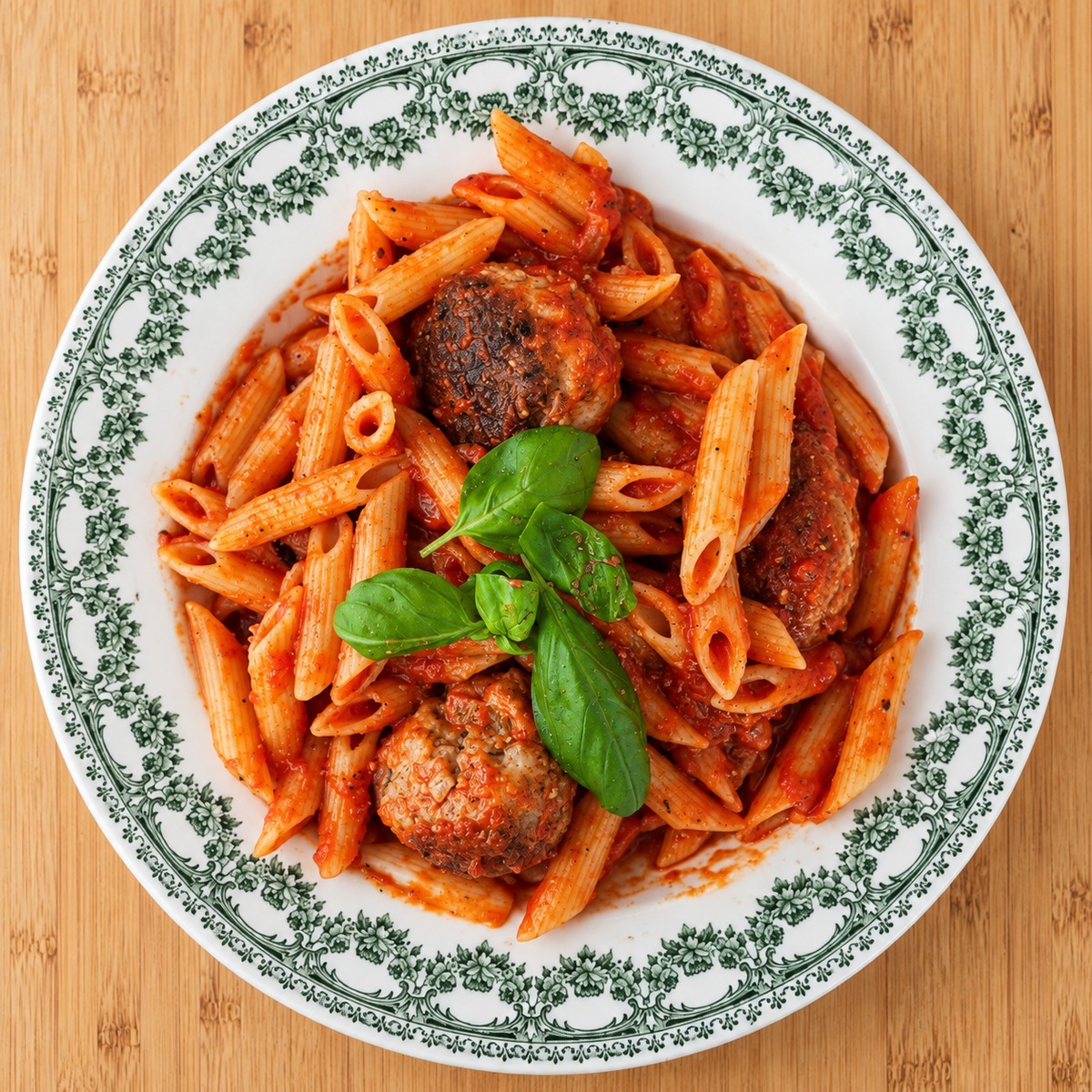 Assiette de penne aux polpette, sauce tomate