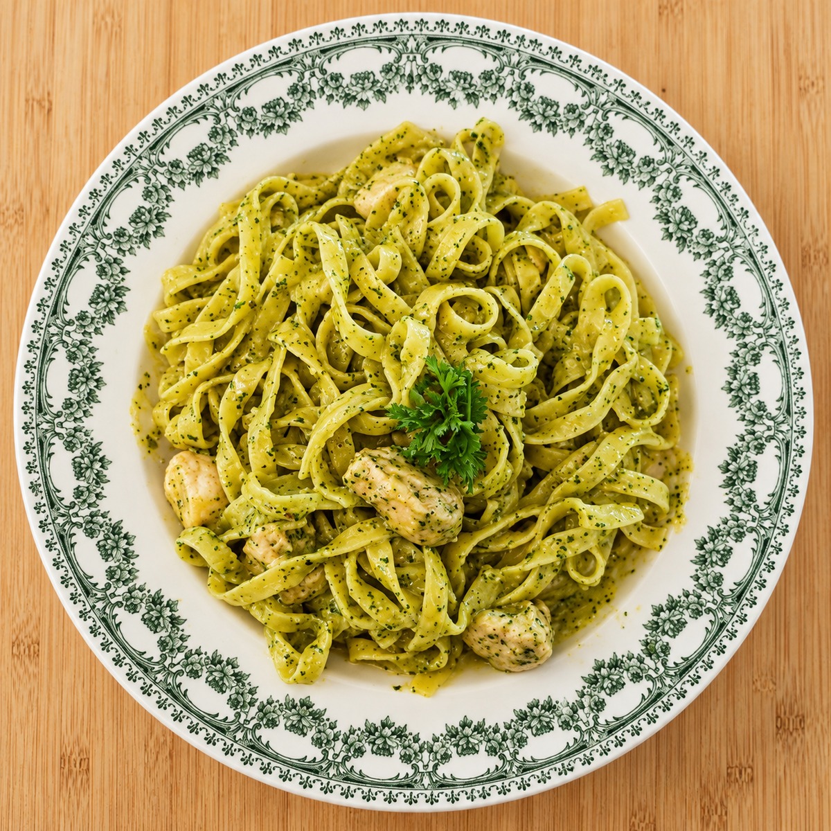 Assiette de tagliatelles au pesto de persil et poulet